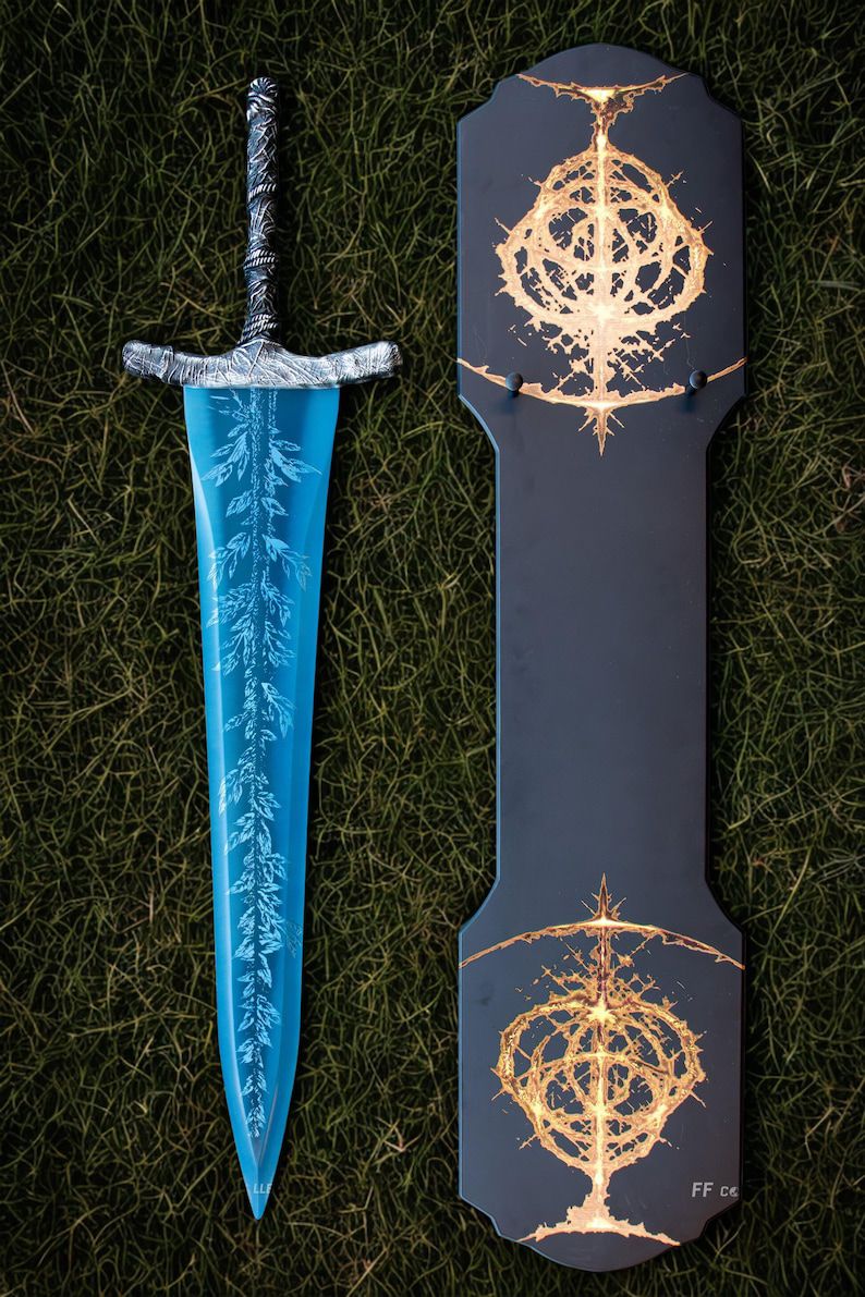 Dark Moon Sword with Blue Damascus Blade and Decorative Stand
