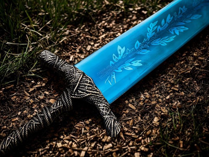 Dark Moon Sword with Blue Damascus Blade and Decorative Stand