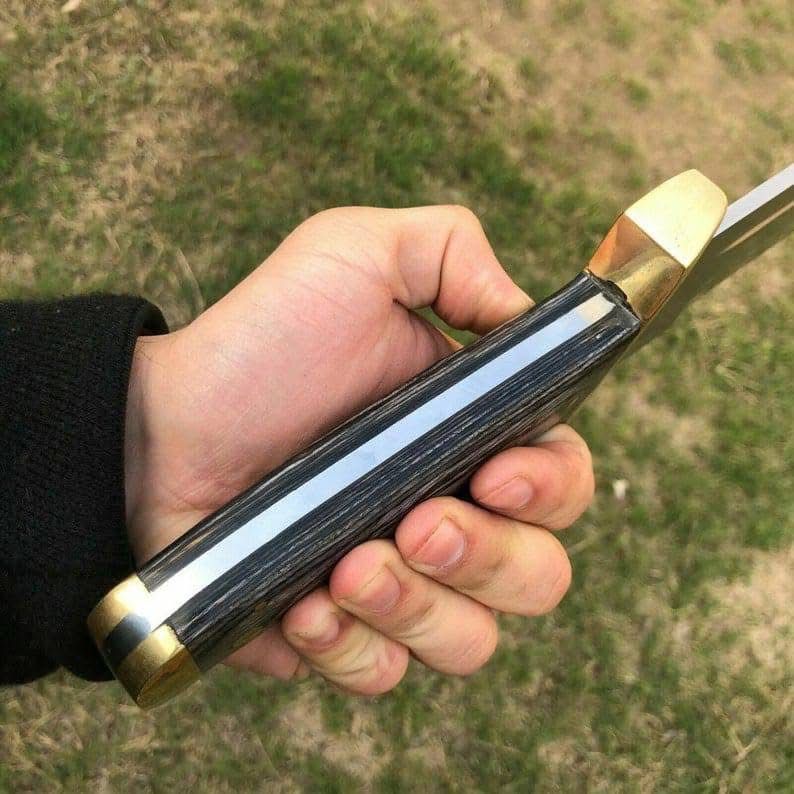 Handcrafted Bowie Knife – Sturdy Leather Sheath with Brass Guard and Stitched Handle