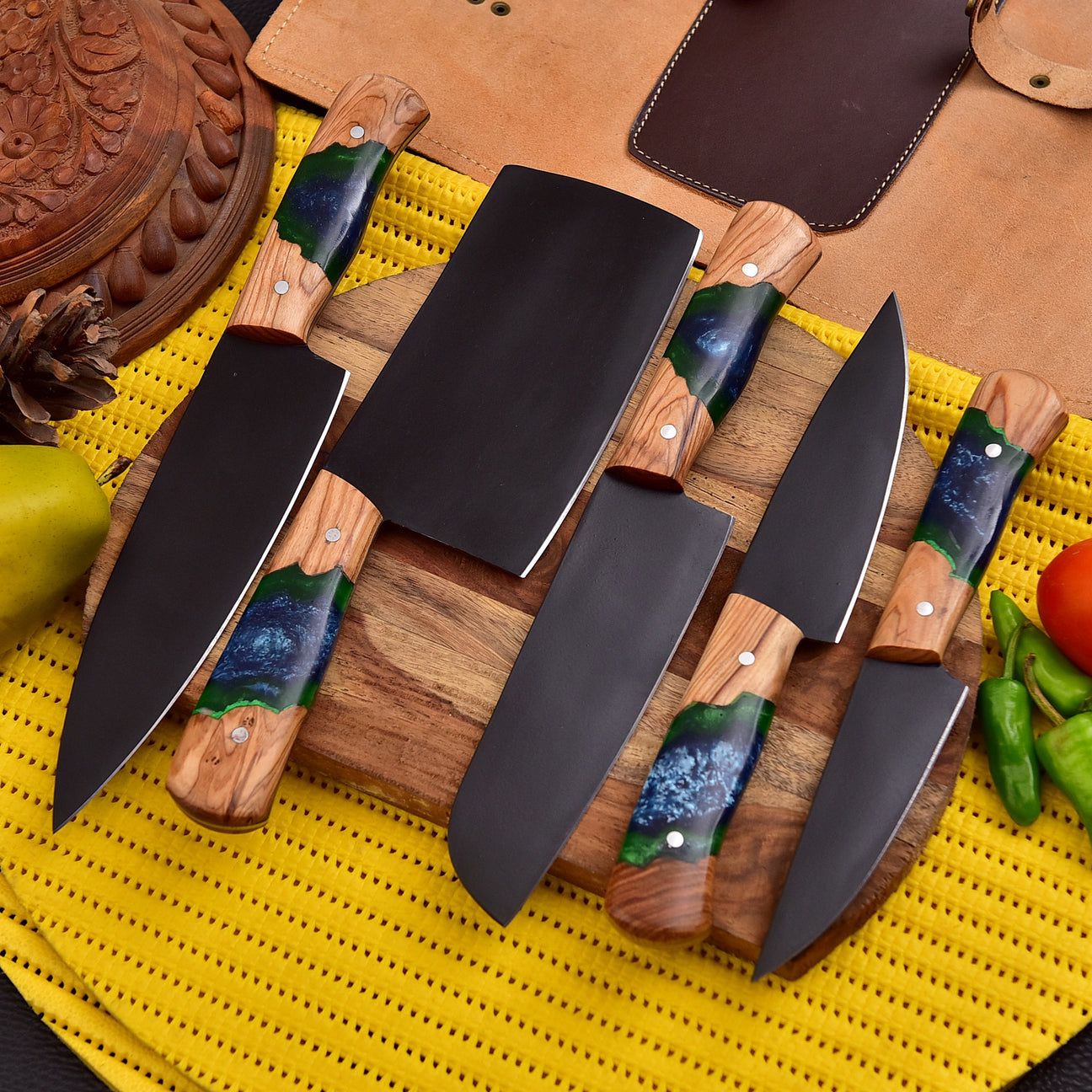 Handcrafted 5-Piece Kitchen Knife Set – Resin & Olive Wood Handles