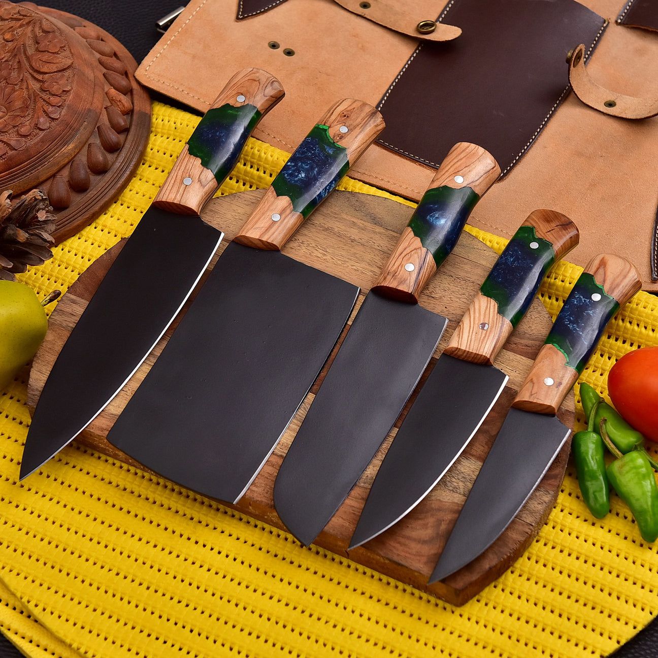 Handcrafted 5-Piece Kitchen Knife Set – Resin & Olive Wood Handles