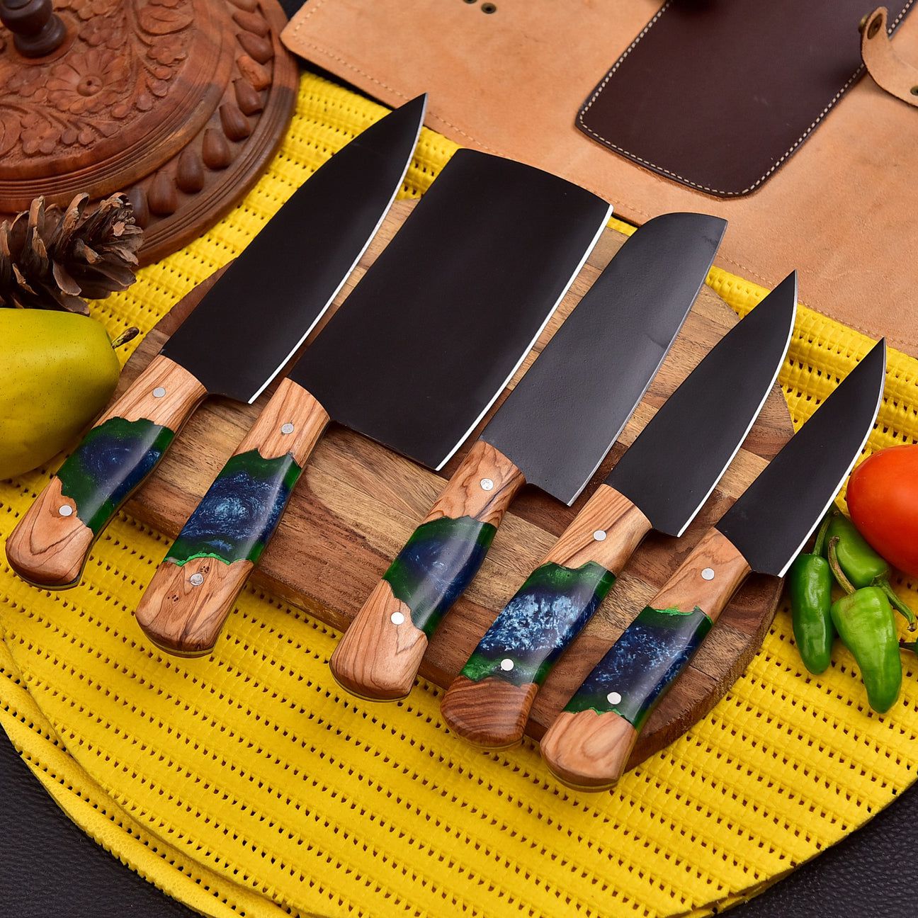 Handcrafted 5-Piece Kitchen Knife Set – Resin & Olive Wood Handles