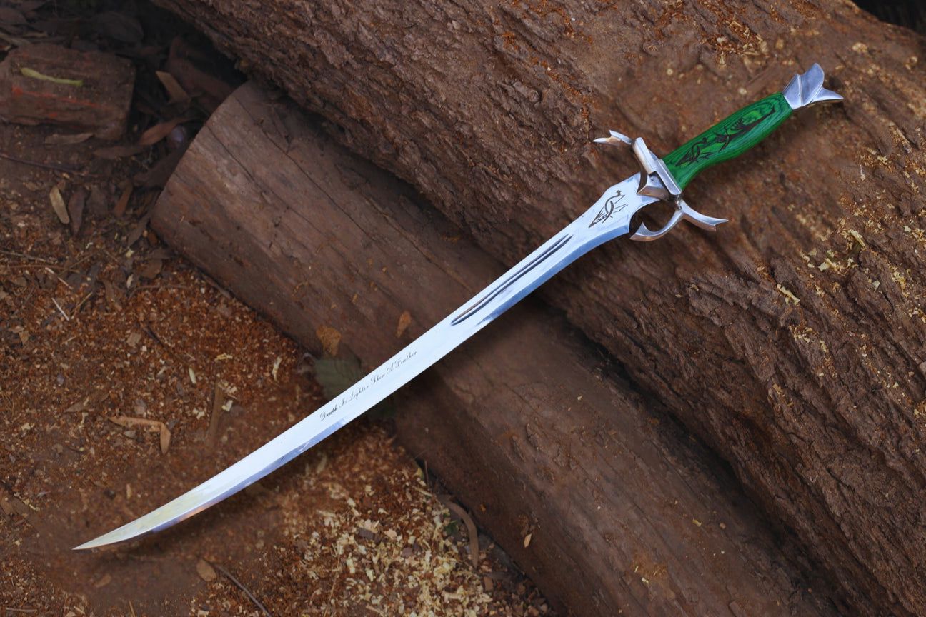 Elven-Inspired Sword – Curved Blade with Green Wood Handle and Intricate Design
