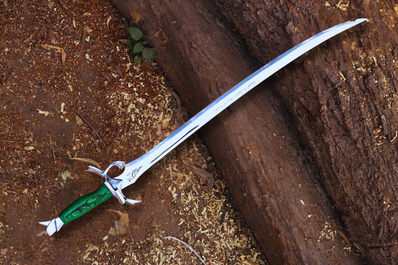 Elven-Inspired Sword – Curved Blade with Green Wood Handle and Intricate Design