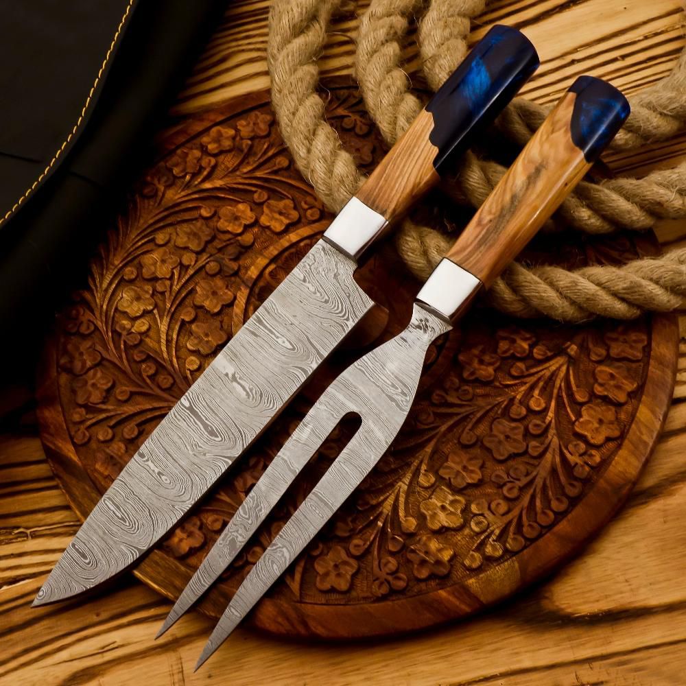 Damascus Steel Carving Set – Elegant Knife & Fork Set with Wooden Handles