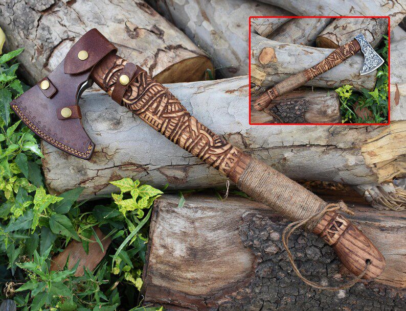 Jörmungandr Axe – Hand-Carved Viking Axe with Serpent Knotwork and Etched Steel Head