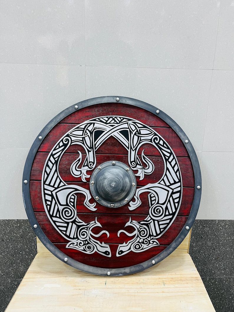 Drakkar Shield – Handcrafted Viking Round Shield with Twin Dragon Engravings