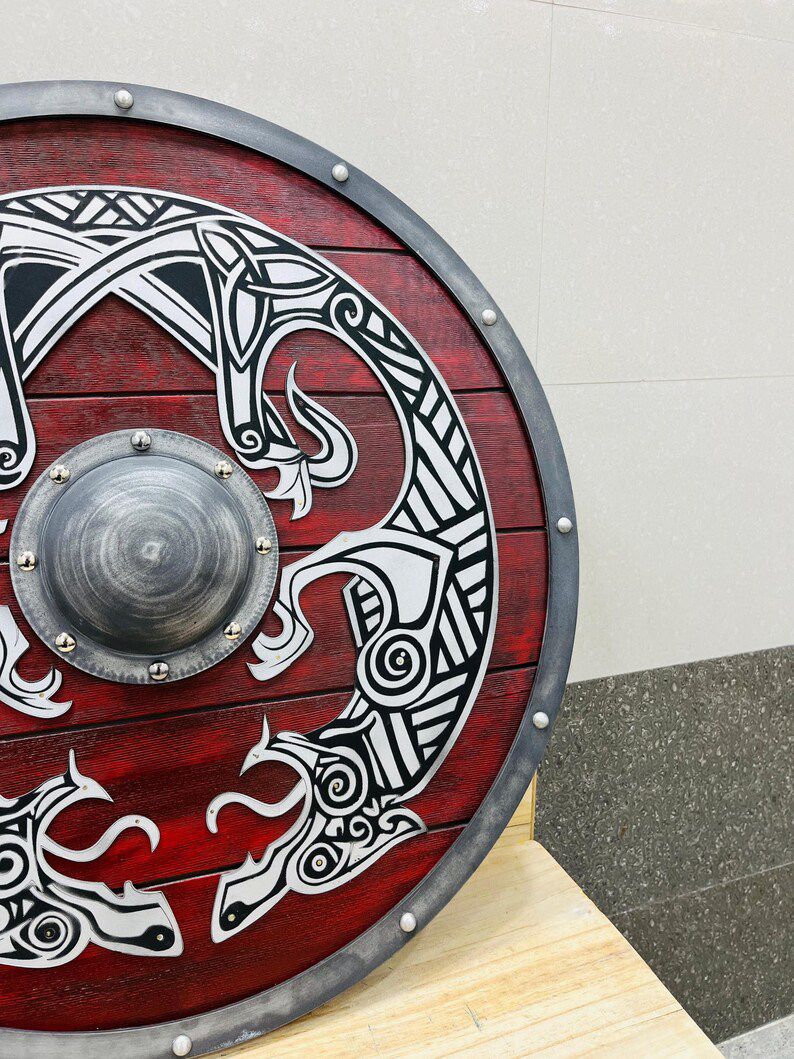 Drakkar Shield – Handcrafted Viking Round Shield with Twin Dragon Engravings