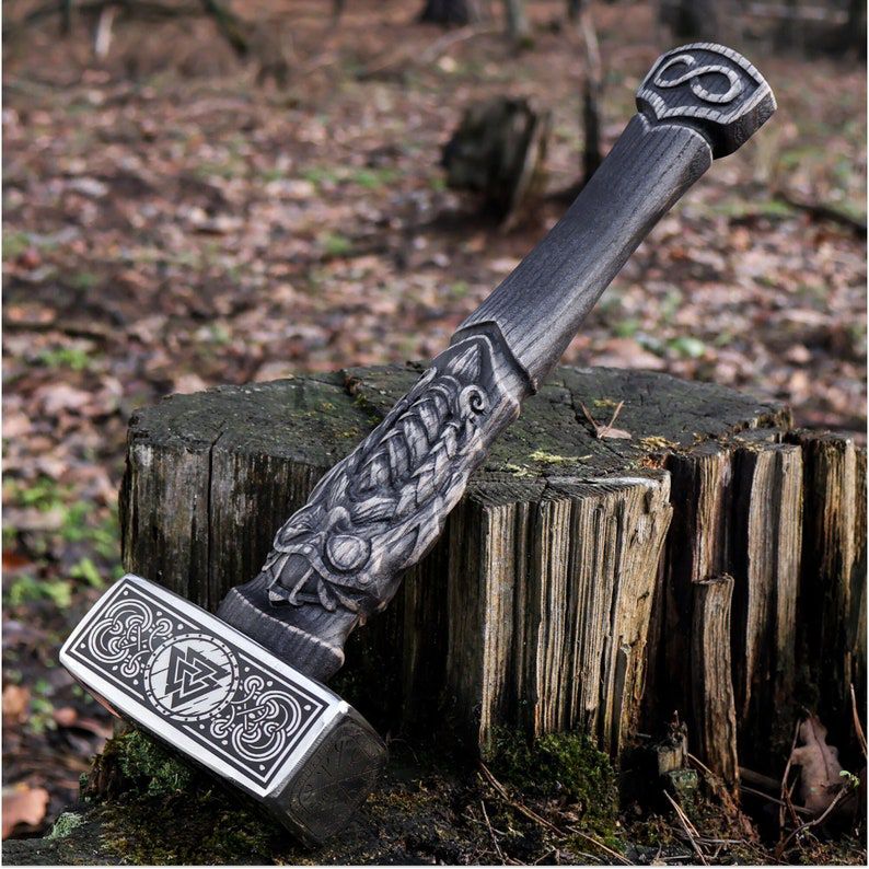 Thor’s Mjolnir Wooden Hammer Replica – Carved Norse Handle & Engraved Steel Head + Runic Wooden Box