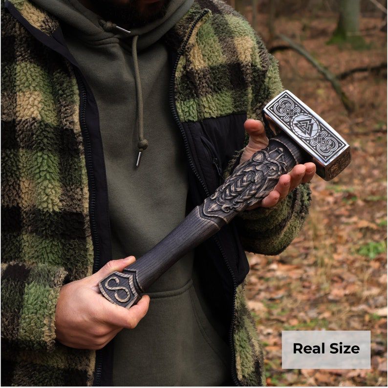 Thor’s Mjolnir Wooden Hammer Replica – Carved Norse Handle & Engraved Steel Head + Runic Wooden Box