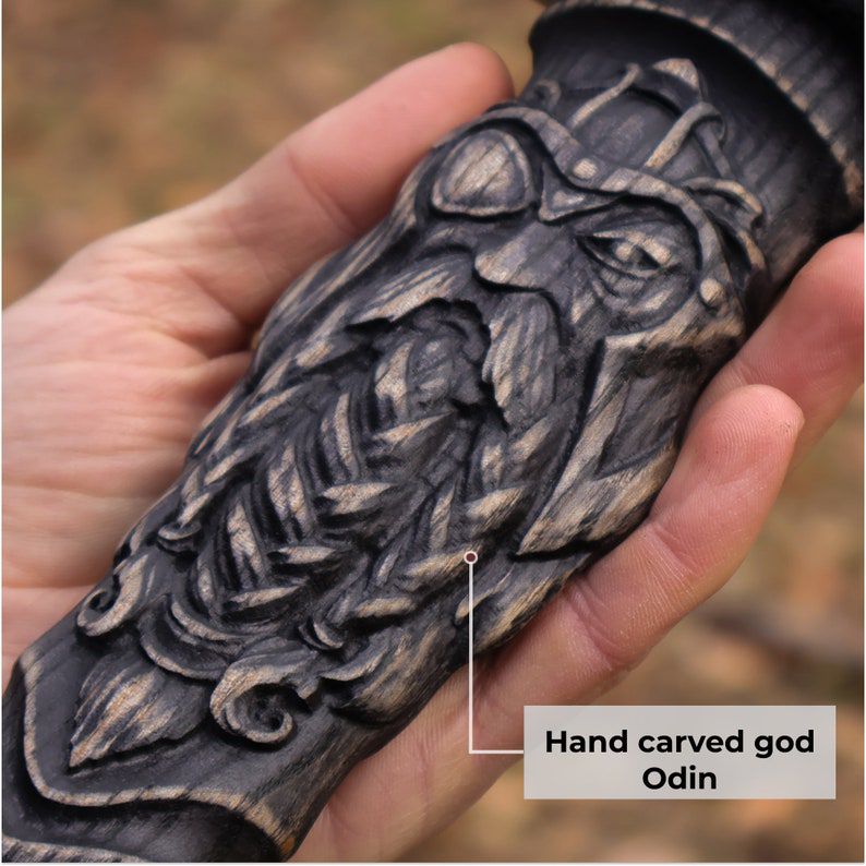 Thor’s Mjolnir Wooden Hammer Replica – Carved Norse Handle & Engraved Steel Head + Runic Wooden Box