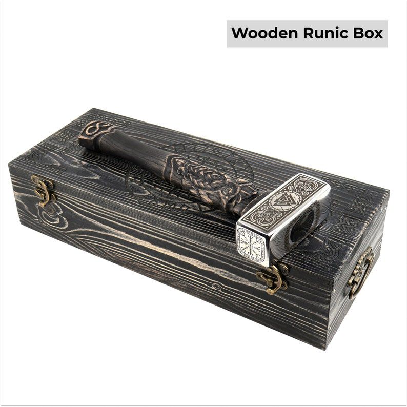 Thor’s Mjolnir Wooden Hammer Replica – Carved Norse Handle & Engraved Steel Head + Runic Wooden Box
