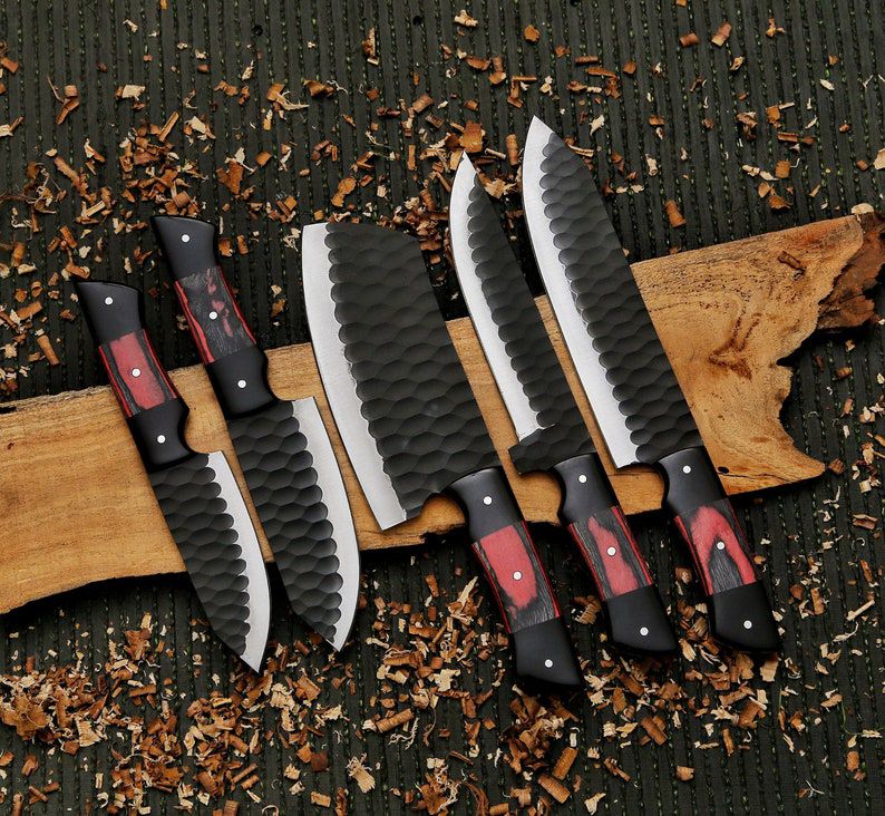 Premium 5-Piece Hammered Steel Chef Knife Set – Handmade Kitchen Master Collection