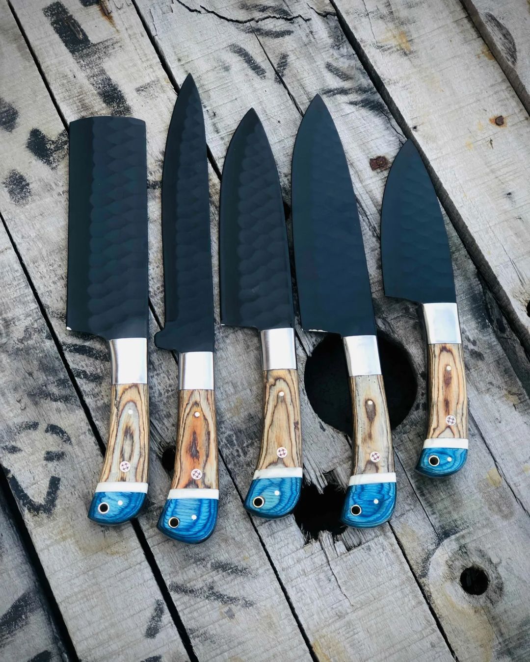 5-Piece Hammered Black Steel Chef Knife Set – Blue Wood & Olive Burl Handles