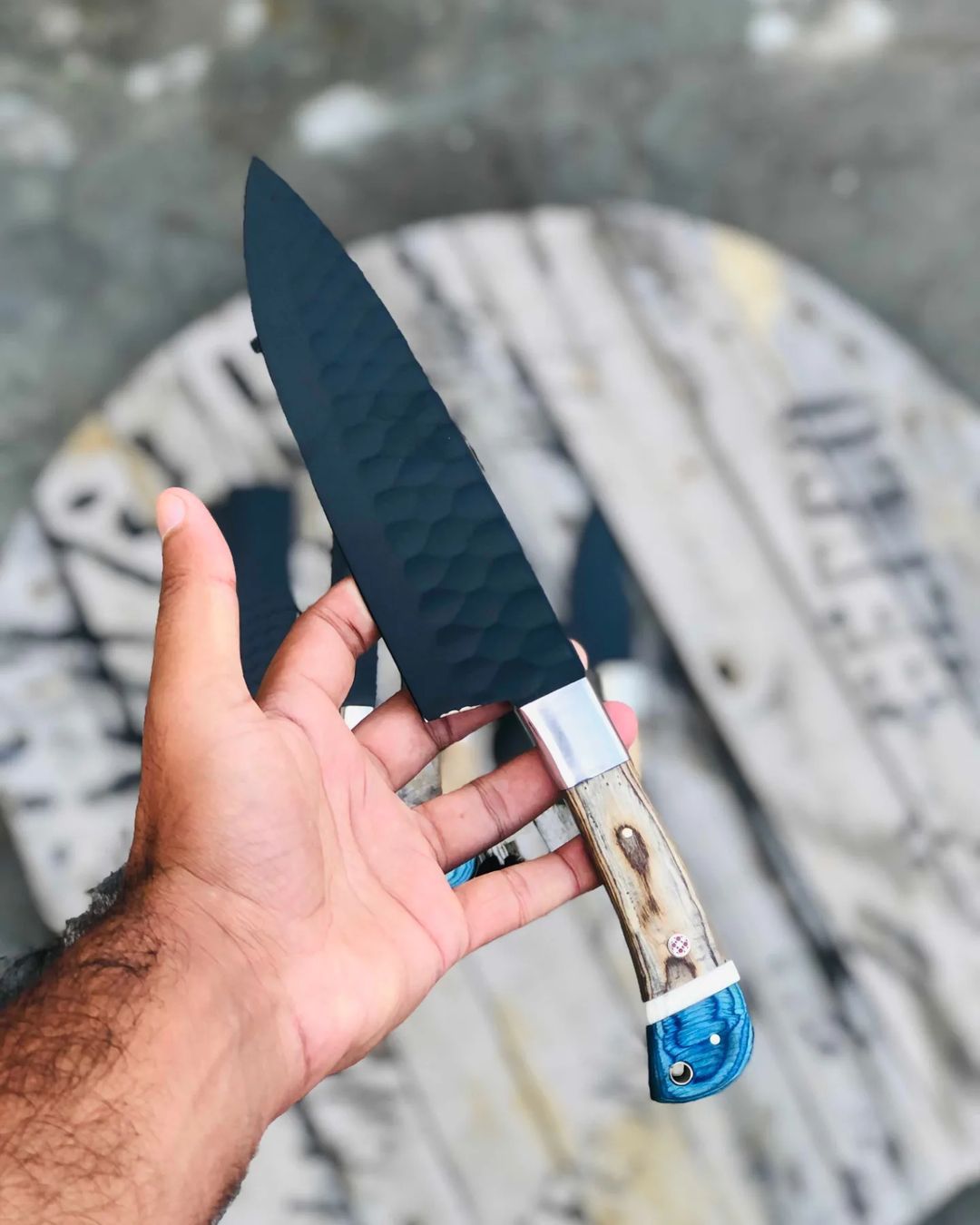 5-Piece Hammered Black Steel Chef Knife Set – Blue Wood & Olive Burl Handles