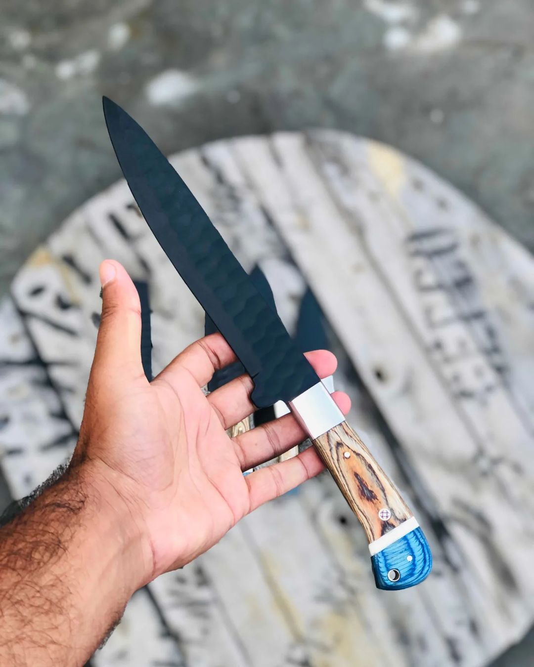 5-Piece Hammered Black Steel Chef Knife Set – Blue Wood & Olive Burl Handles