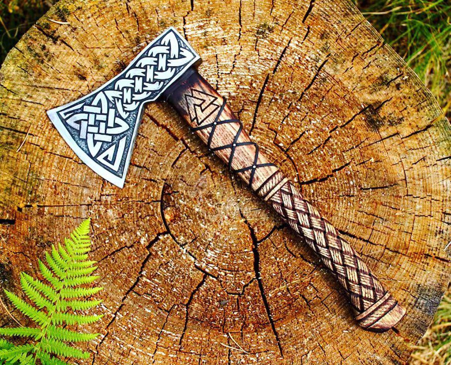 Mini Viking Axe with Leather Strap and Celtic Knotwork Design