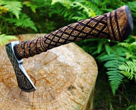 Mini Viking Axe with Leather Strap and Celtic Knotwork Design