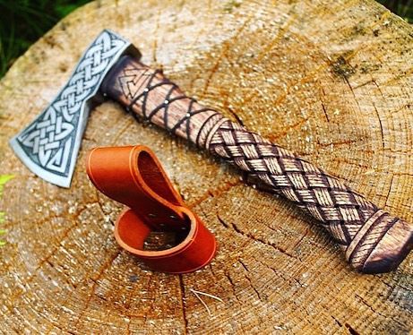 Mini Viking Axe with Leather Strap and Celtic Knotwork Design