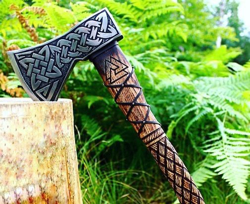 Mini Viking Axe with Leather Strap and Celtic Knotwork Design