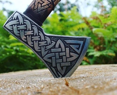 Mini Viking Axe with Leather Strap and Celtic Knotwork Design