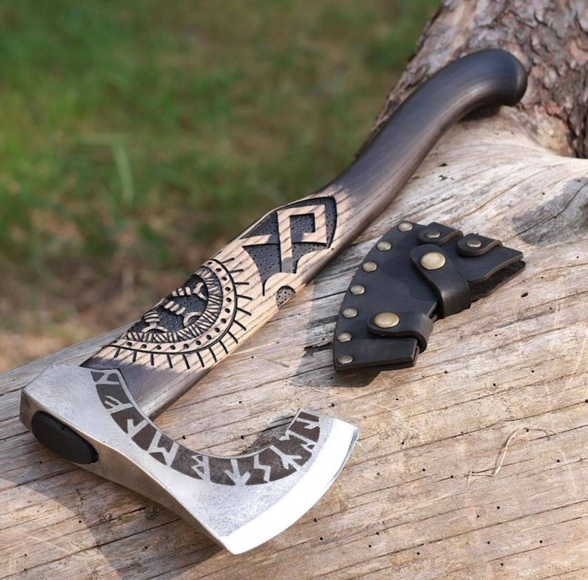 Black Runes Axe – Handcrafted Viking Bearded Axe with Carved Handle