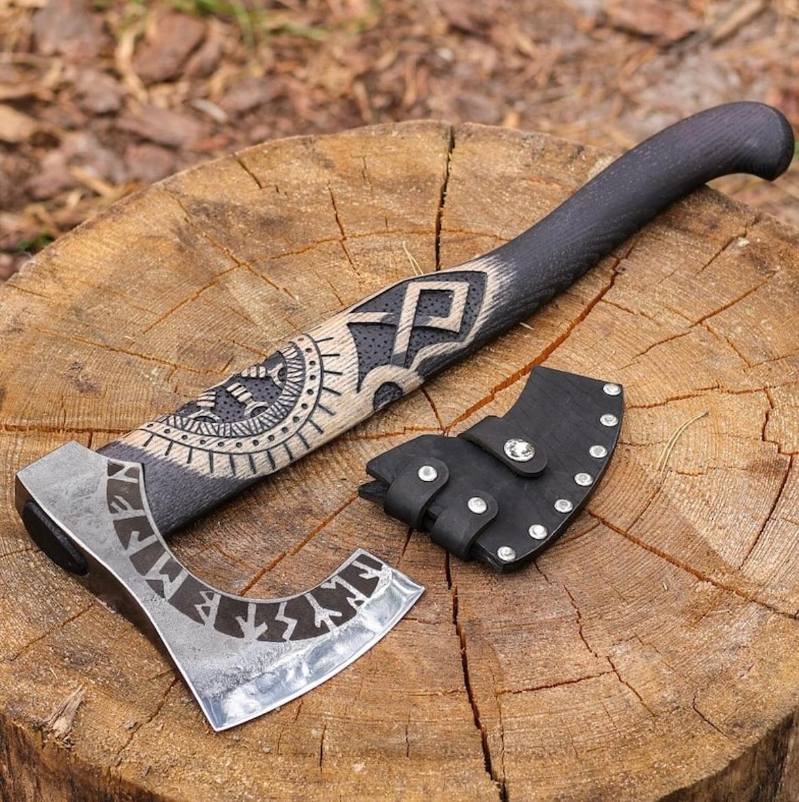 Black Runes Axe – Handcrafted Viking Bearded Axe with Carved Handle