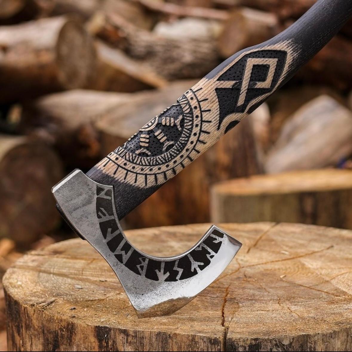 Black Runes Axe – Handcrafted Viking Bearded Axe with Carved Handle