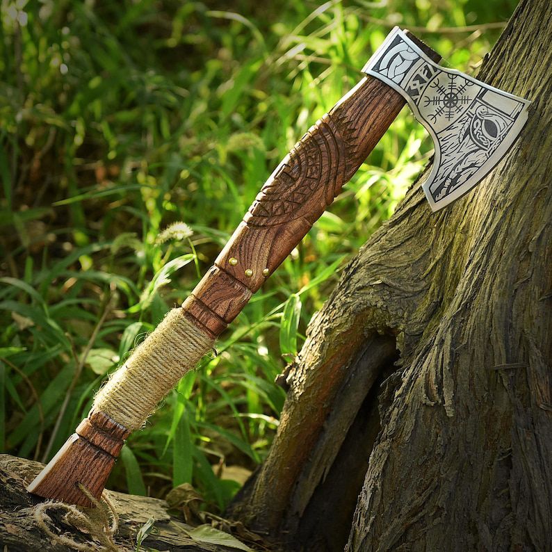 Viking Style Hand Axe – Engraved Steel Blade & Carved Wooden Handle