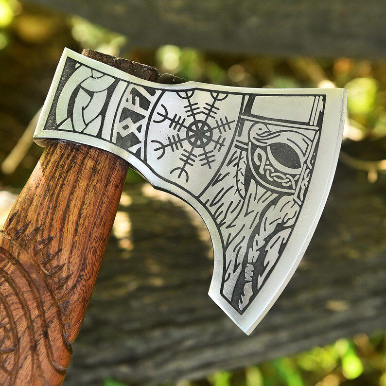 Viking Style Hand Axe – Engraved Steel Blade & Carved Wooden Handle