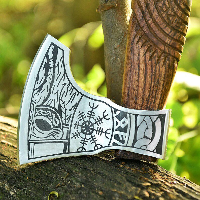 Viking Style Hand Axe – Engraved Steel Blade & Carved Wooden Handle