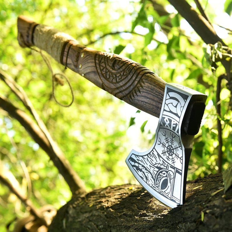 Viking Style Hand Axe – Engraved Steel Blade & Carved Wooden Handle