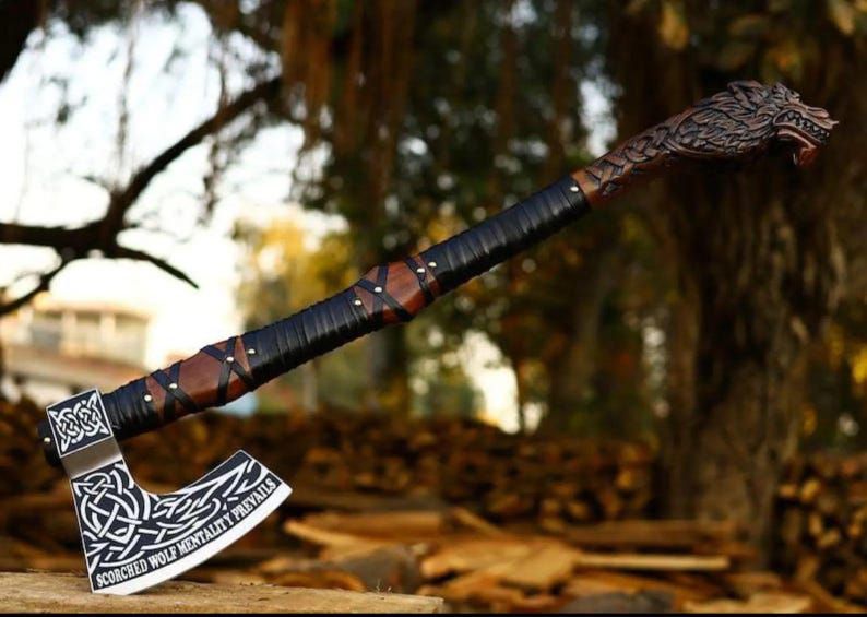 Hand-Carved Viking Wolf Axe –  Norse Inspired Battle Axe