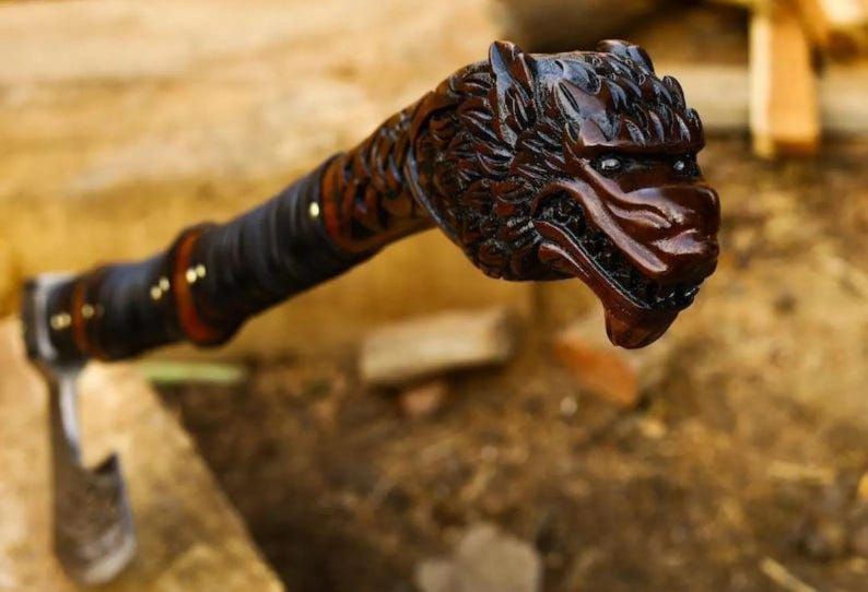 Hand-Carved Viking Wolf Axe –  Norse Inspired Battle Axe