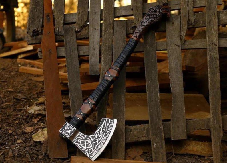 Hand-Carved Viking Wolf Axe –  Norse Inspired Battle Axe