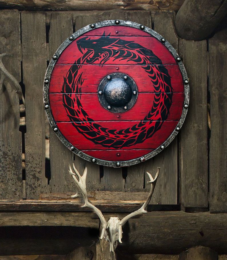 Viking Red Dragon Shield – Handcrafted Wooden Round Shield (Black Serpent Motif)