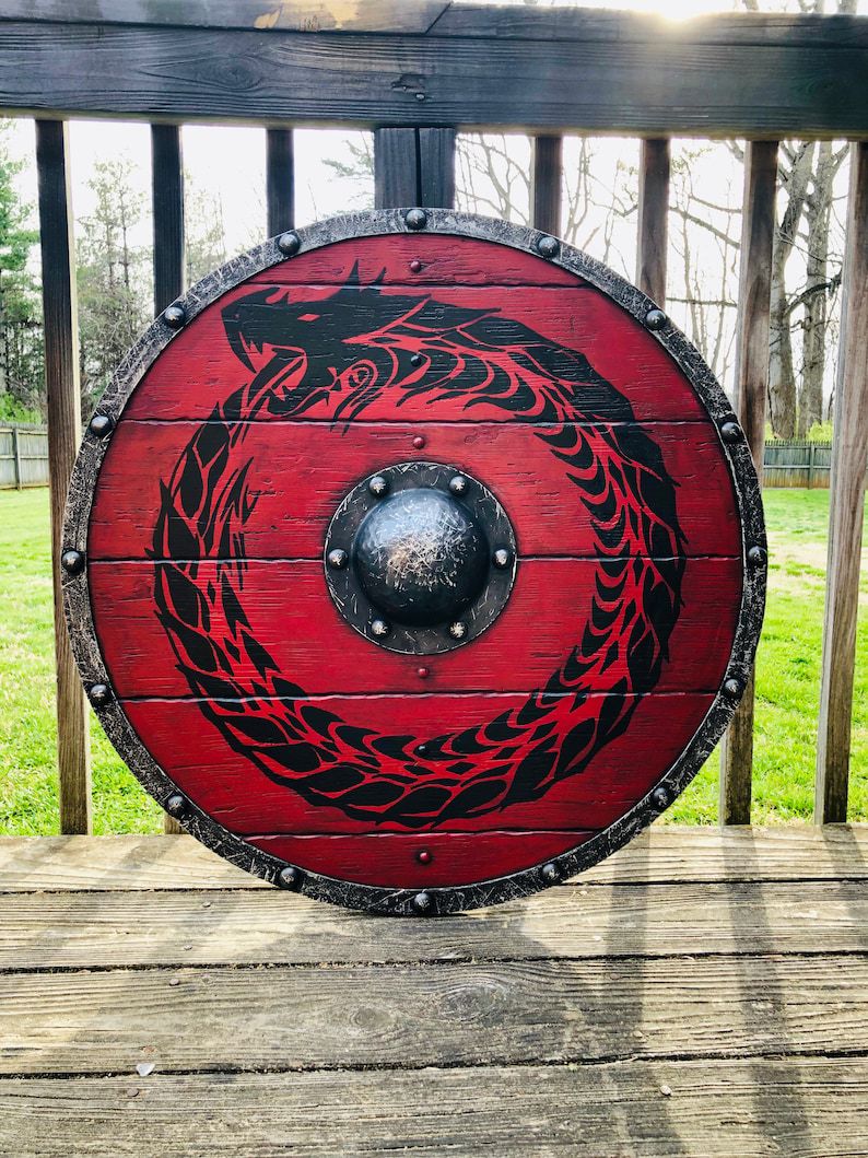 Viking Red Dragon Shield – Handcrafted Wooden Round Shield (Black Serpent Motif)