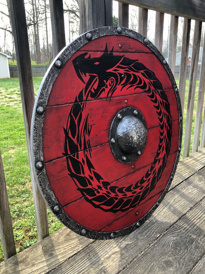 Viking Red Dragon Shield – Handcrafted Wooden Round Shield (Black Serpent Motif)