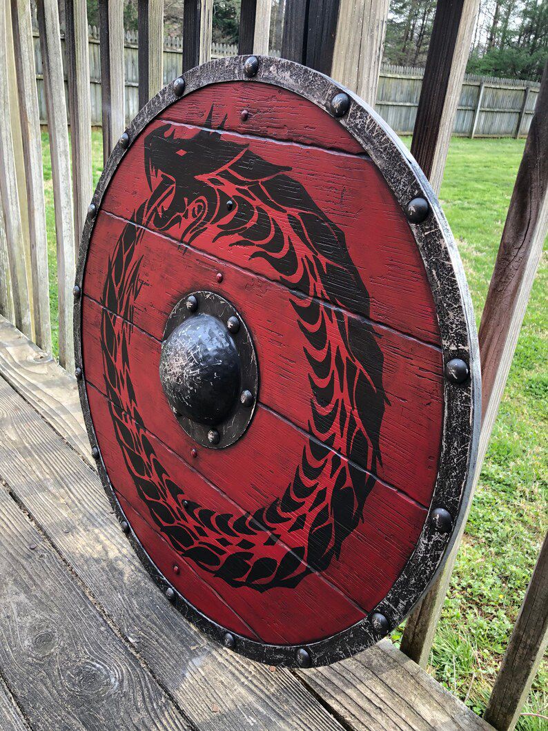 Viking Red Dragon Shield – Handcrafted Wooden Round Shield (Black Serpent Motif)