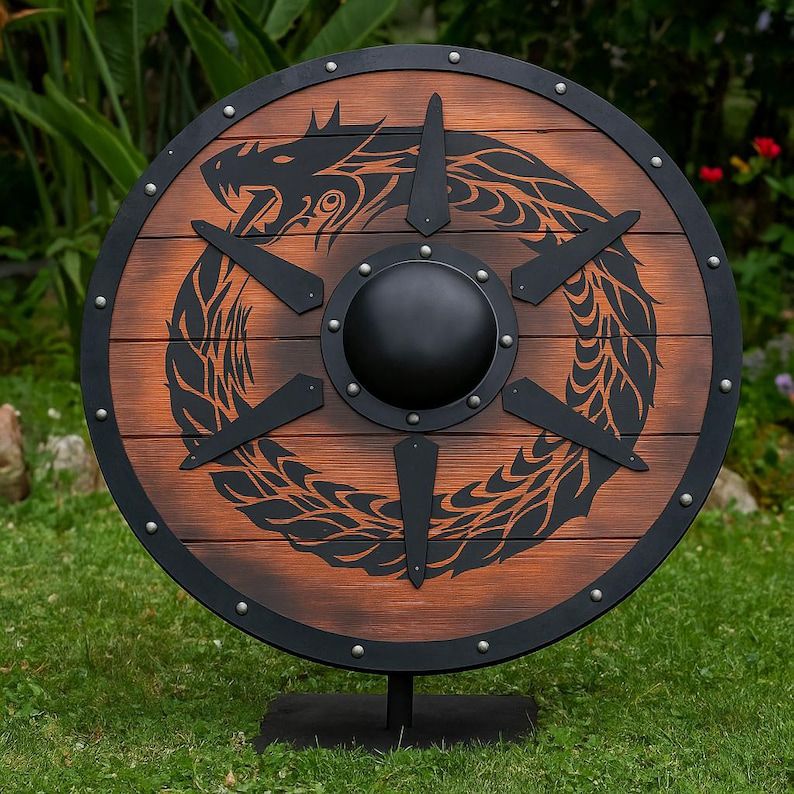 Viking Round Shield – Hand-Painted Dragon Design (Black on Burnt Wood)