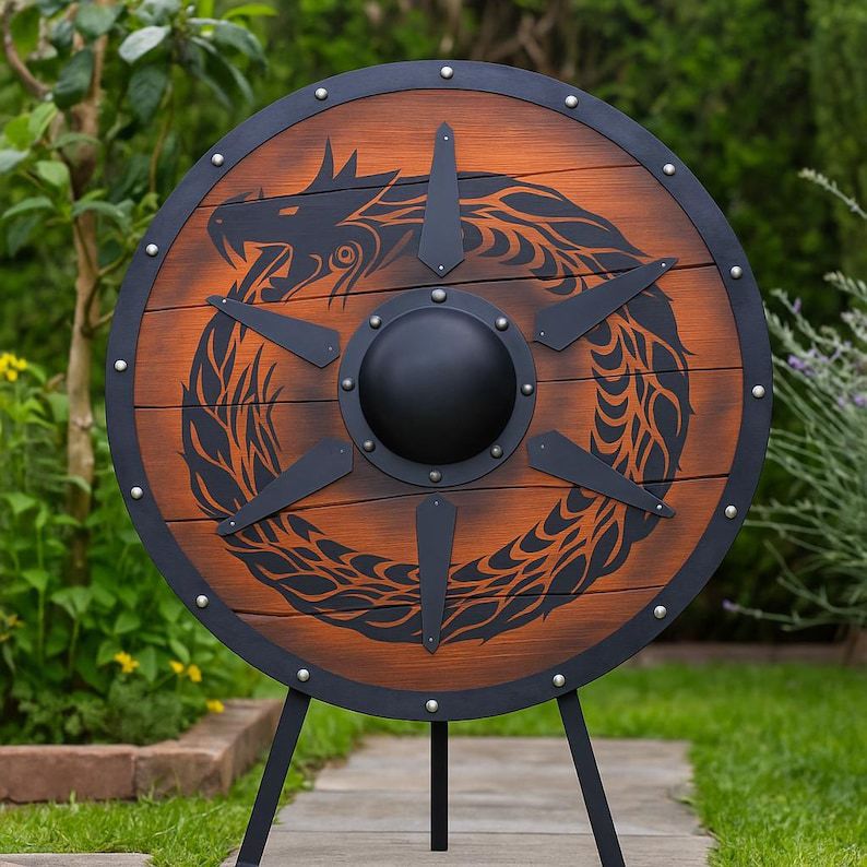 Viking Round Shield – Hand-Painted Dragon Design (Black on Burnt Wood)