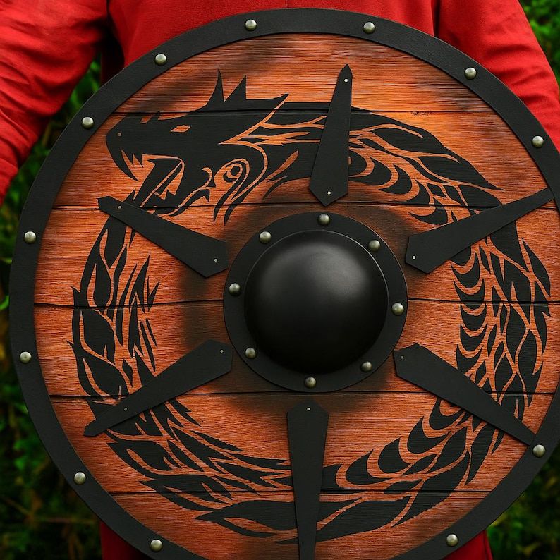 Viking Round Shield – Hand-Painted Dragon Design (Black on Burnt Wood)