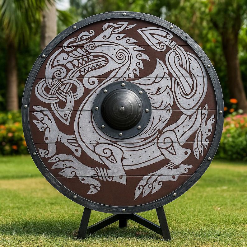 Viking Round Shield – Handcrafted Wood with Dragon Design