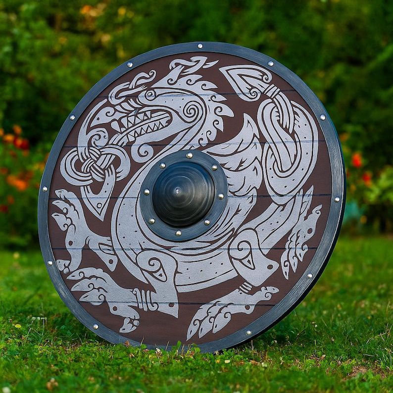 Viking Round Shield – Handcrafted Wood with Dragon Design