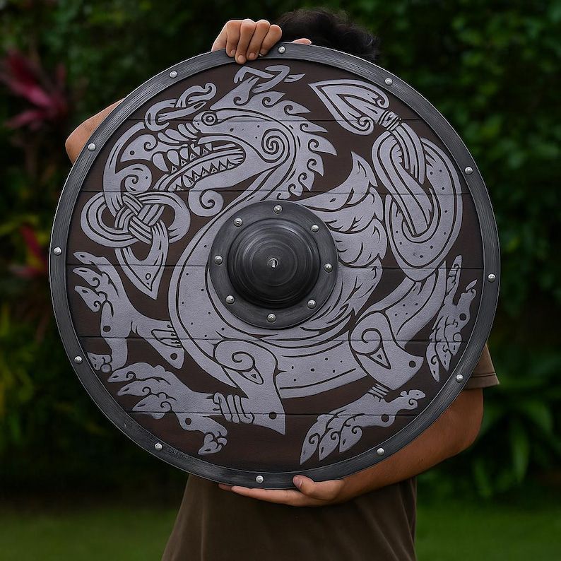 Viking Round Shield – Handcrafted Wood with Dragon Design