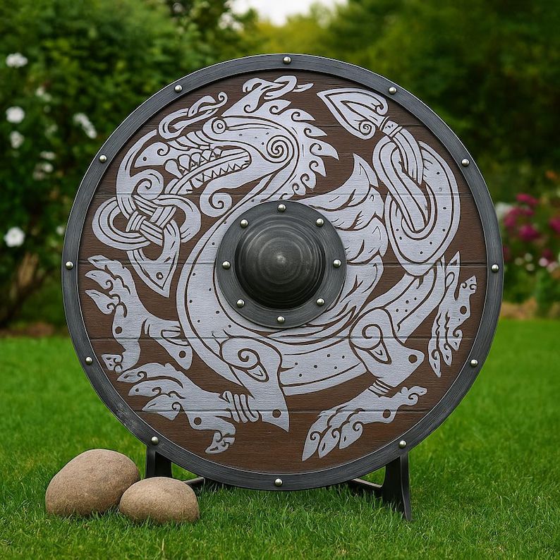 Viking Round Shield – Handcrafted Wood with Dragon Design