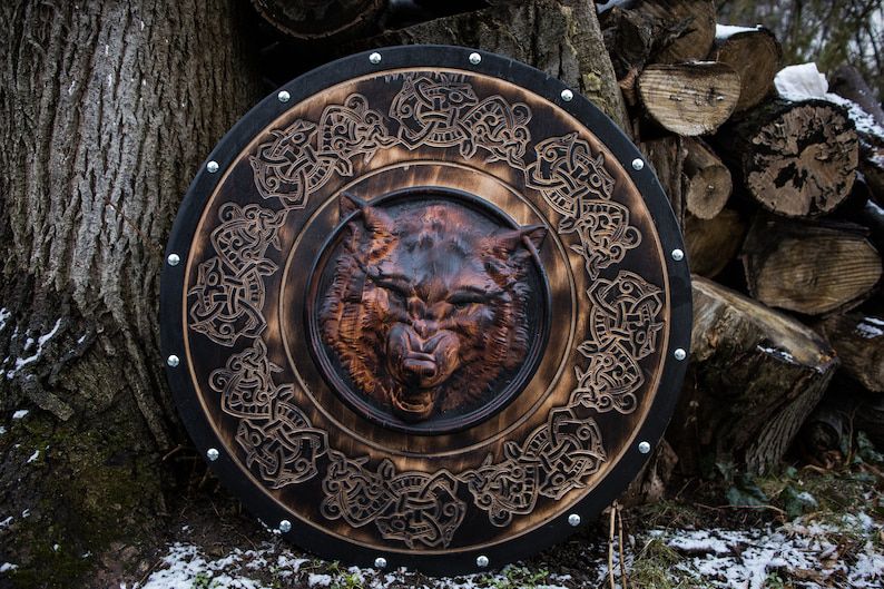 Viking Wolf Shield – Hand-Carved Wooden Round Shield (Burned Nordic Knotwork)