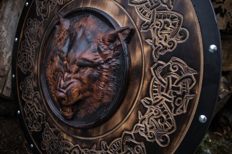 Viking Wolf Shield – Hand-Carved Wooden Round Shield (Burned Nordic Knotwork)