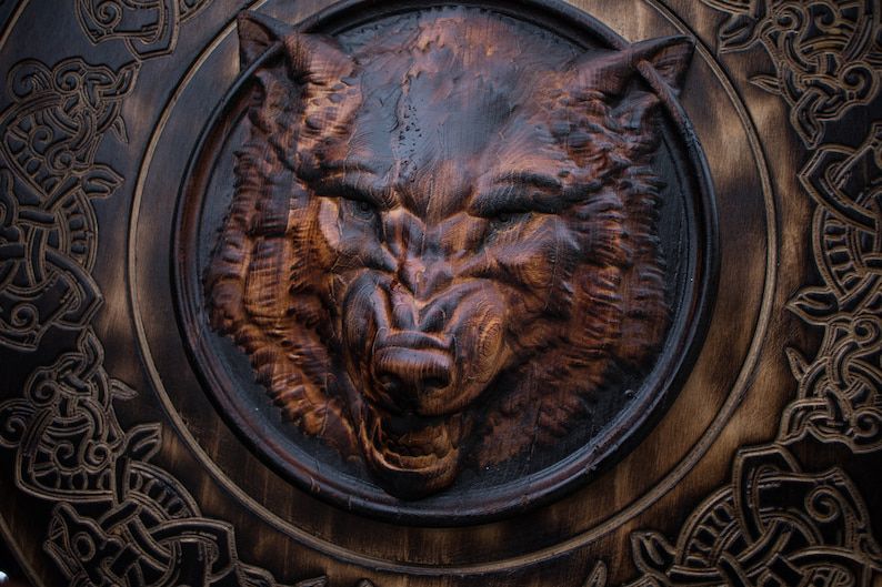 Viking Wolf Shield – Hand-Carved Wooden Round Shield (Burned Nordic Knotwork)
