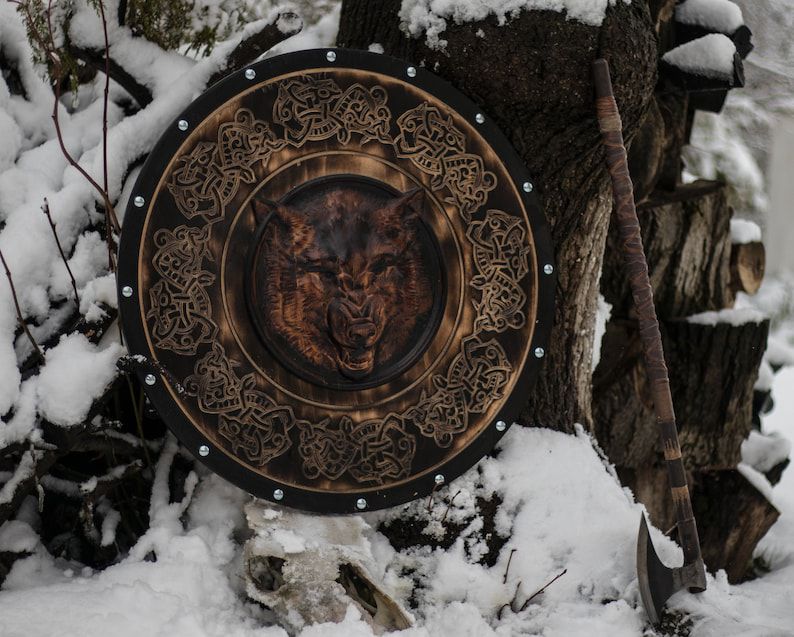Viking Wolf Shield – Hand-Carved Wooden Round Shield (Burned Nordic Knotwork)